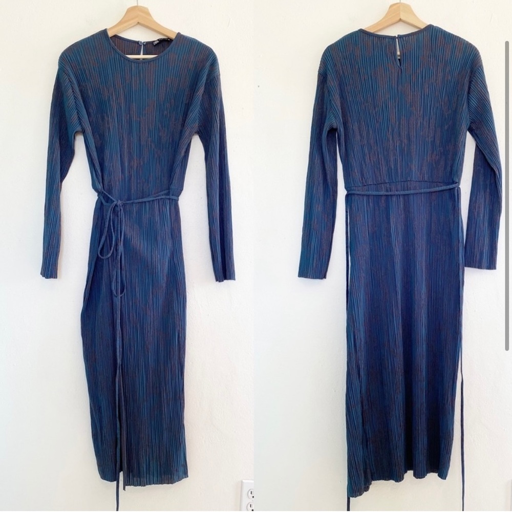 Zara Blue Ribbed Long Sleeve Faux Wrap Dress Size M EUC